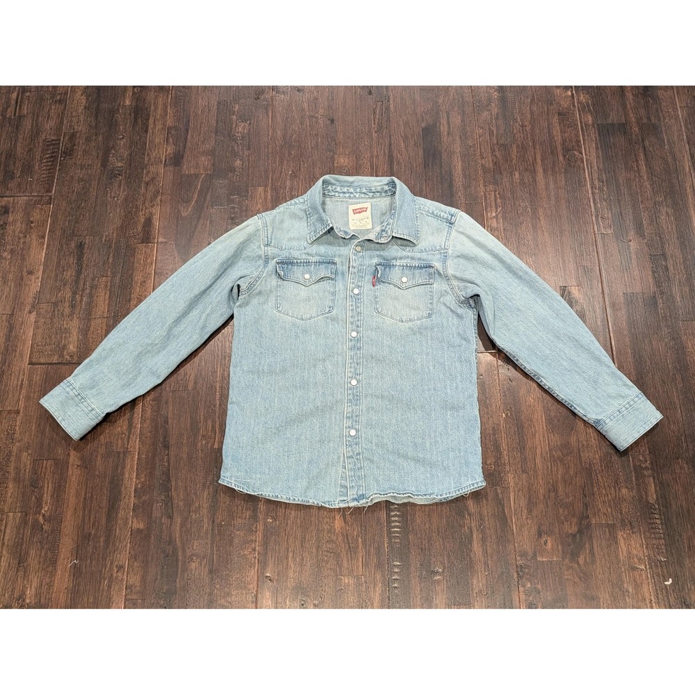 Levis Denim Shirt‎ Youth Medium Blue Snap Western Pearl Snap Pockets Long Sleeve